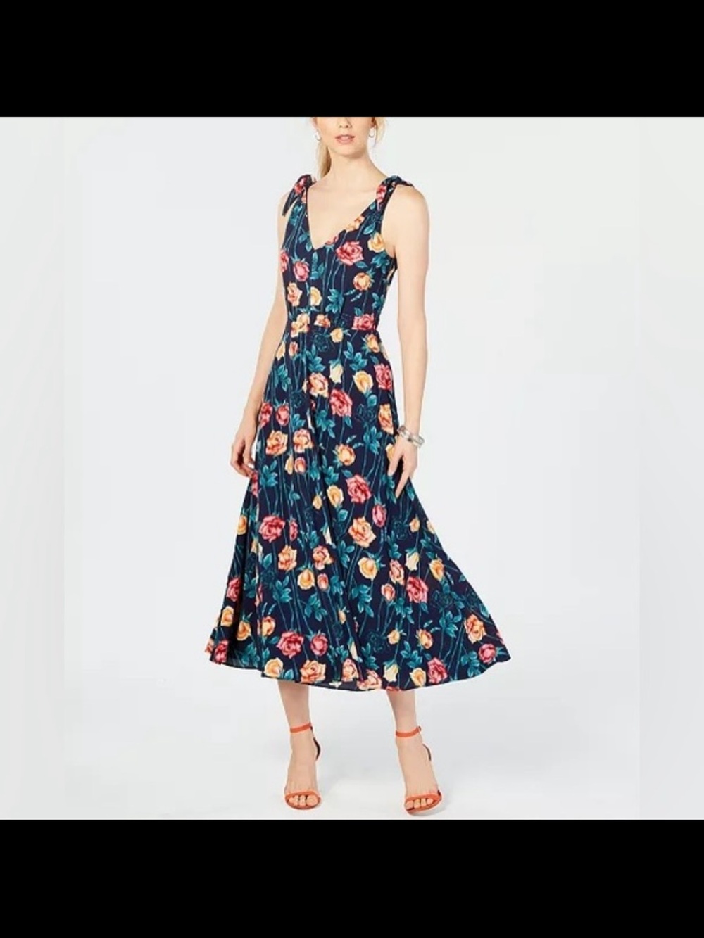 Betsey Johnson Navy Rose Floral Tie Shoulder Maxi Dress Size 10